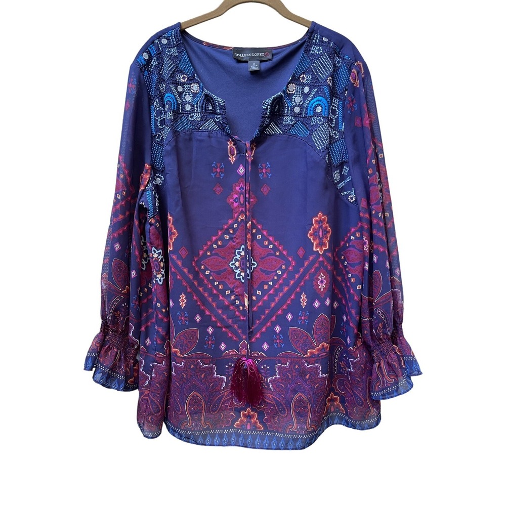 Colleen Lopez Navy Blue‎ Embroidered Bordered Print Tunic Top XL
